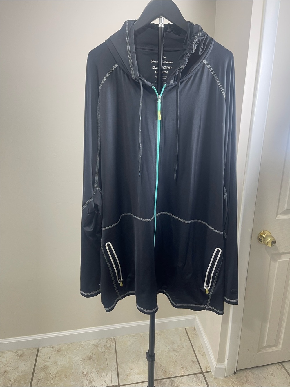 Tommy Bahama Black Hooded IslandActive Pullover with Teal Accent